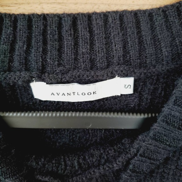 Avantlook Fringed Long Sleeve Cable knit Boho Crewneck Sweater Sz S Black Cozy - Picture 2 of 8